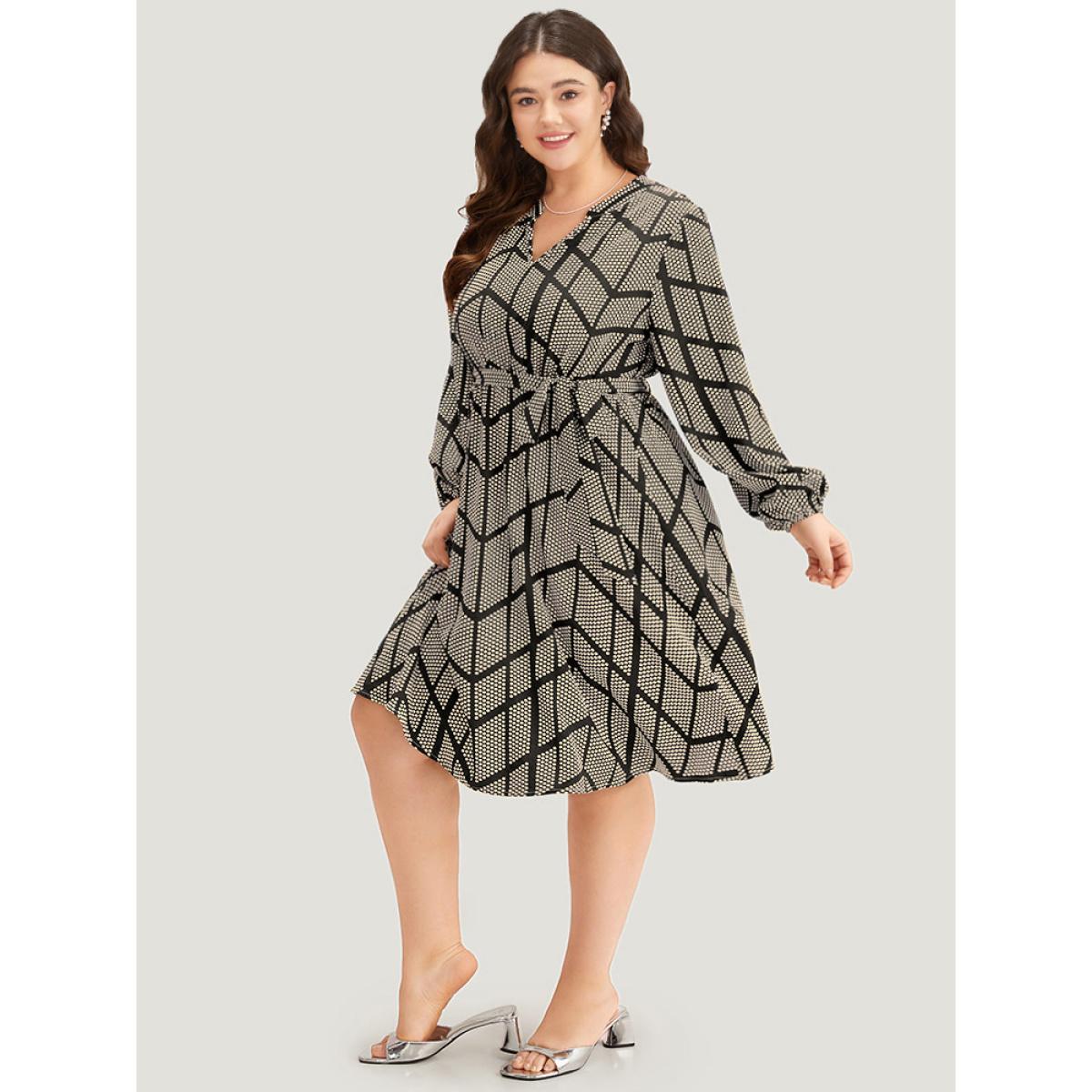 Plus Size Polka Dot Geometric Belted Lantern Sleeve Dress Black Women Office Elastic cuffs Notched collar Long Sleeve Curvy Midi Dress BloomChic 18-20/2X Product Image