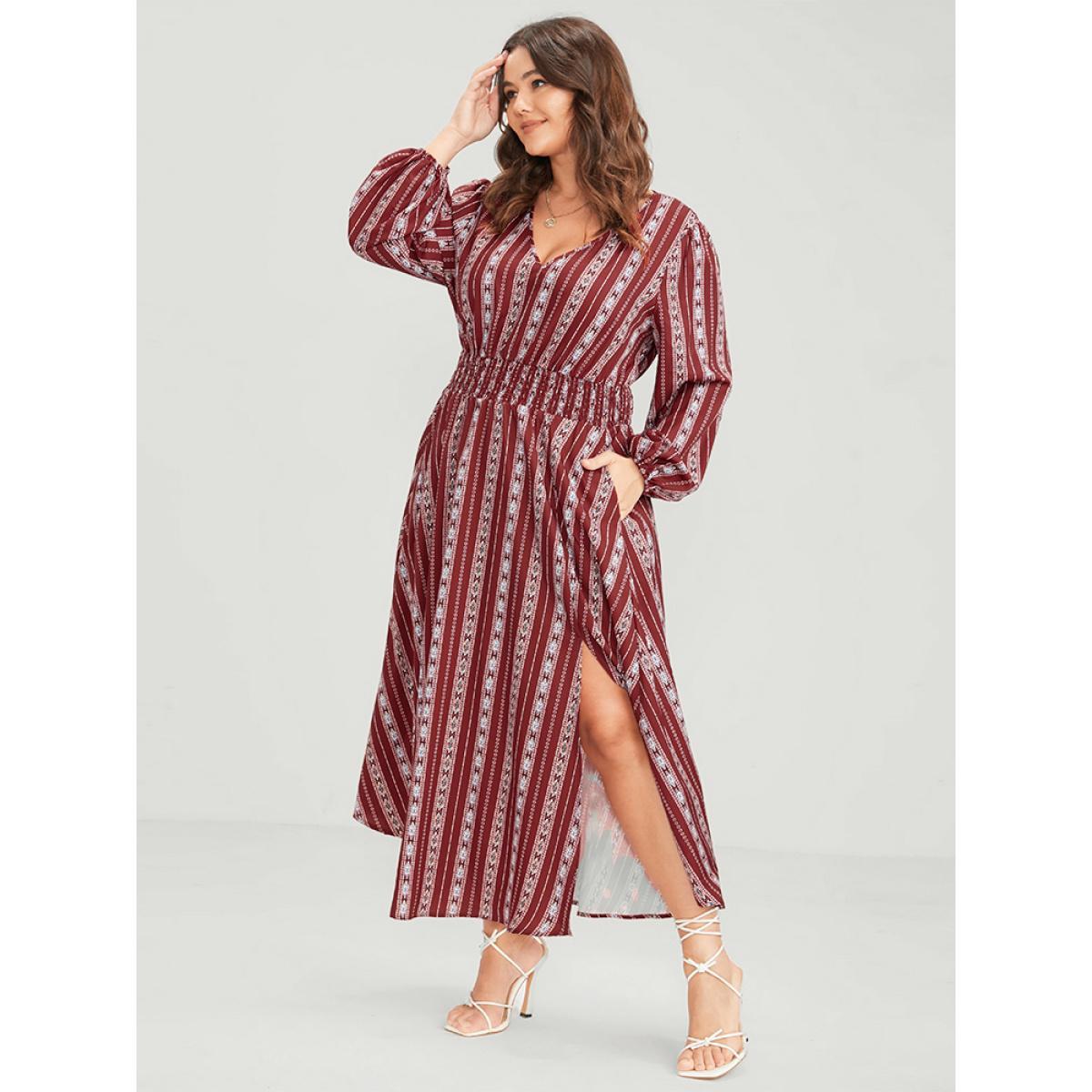 Plus Size Striped Geometric Pocket Lantern Sleeve Shirred Split Dress Red Women Elegant V-neck Long Sleeve Curvy Long Dress BloomChic 22-24/3X Product Image