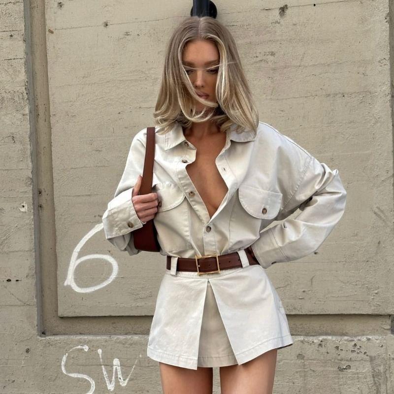 Long-Sleeve Plain Mini Sheath Shirt Dress Product Image