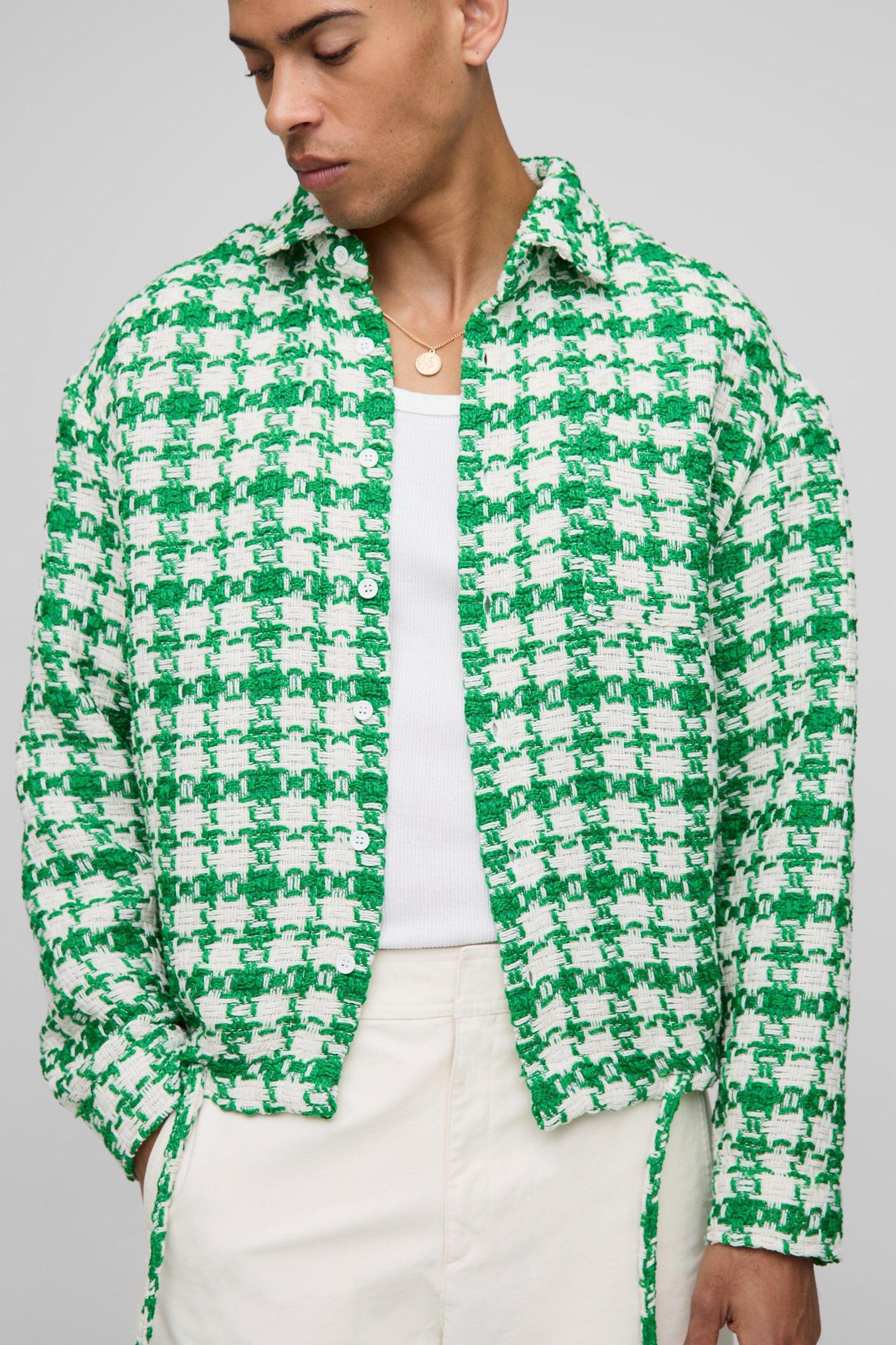 Oversized Boucle Bungee Hem Check Overshirt | boohooMAN USA Product Image