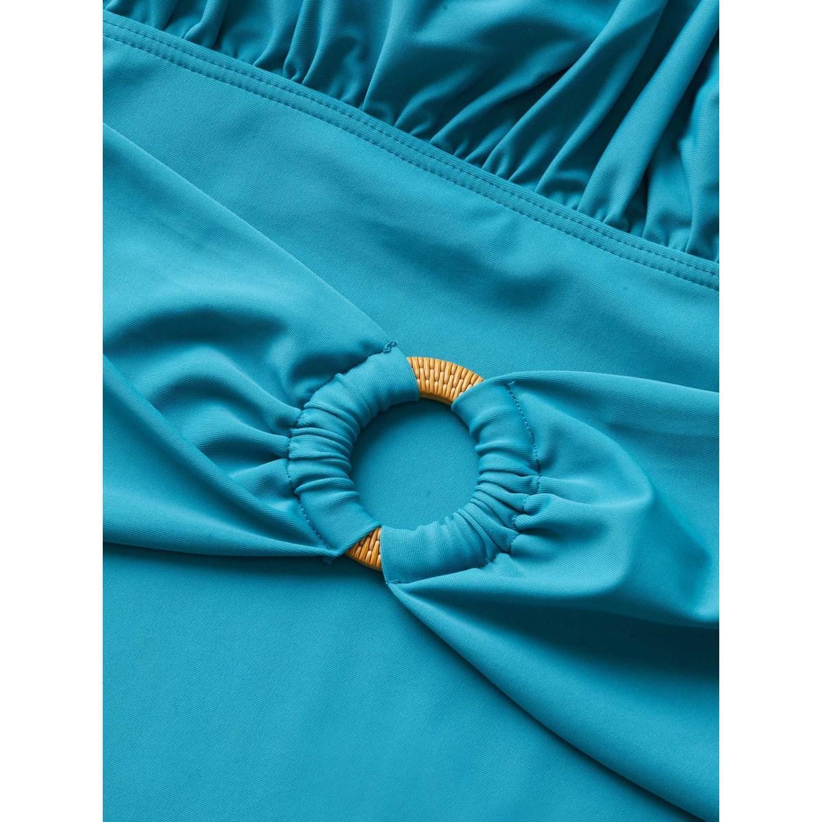 Plus Size Solid Buckle Detail Gathered One Piece Swimsuit Women's Swimwear Teal Beach Non Curve Bathing Suits High stretch One Pieces BloomChic 18-20/2X Product Image