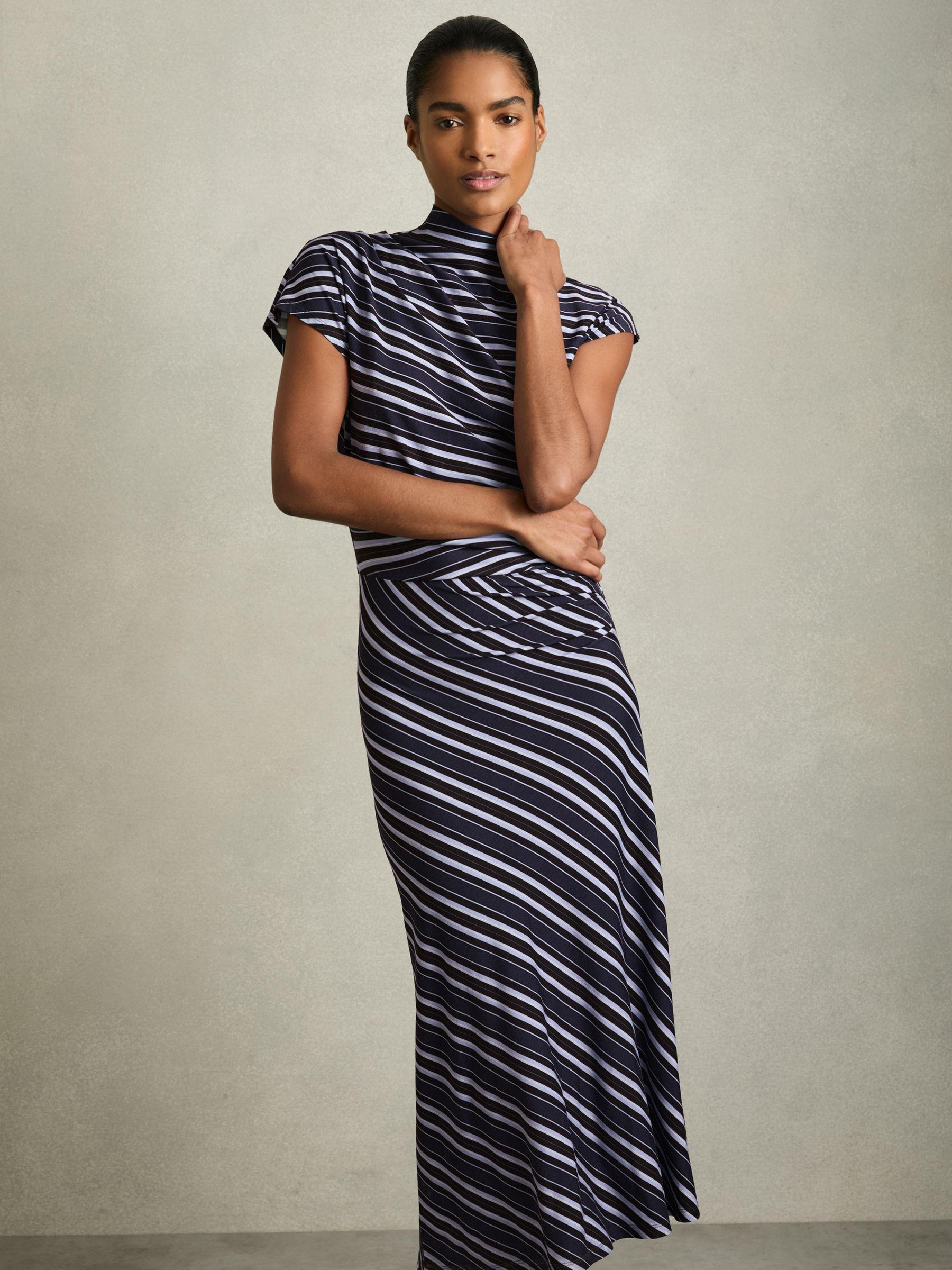 Stripe-Print Draped Midi Dress in Blue Product Image