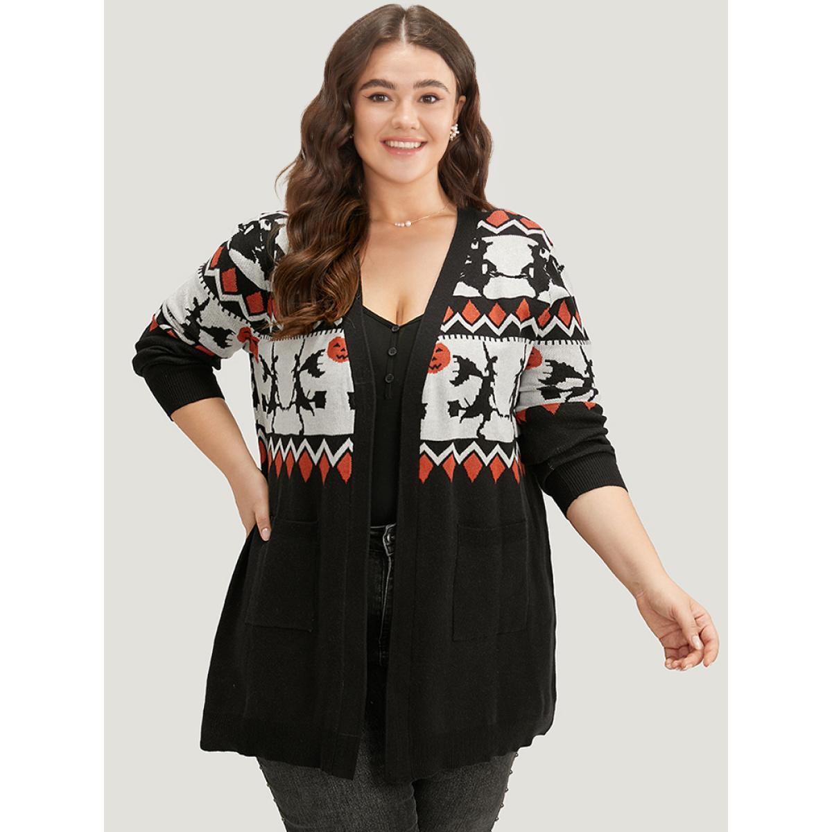 Plus Size Halloween Geo & Witch Print Open Front Cardigan Black Women Casual Loose Long Sleeve Festival-Halloween Cardigans BloomChic 12/L Product Image