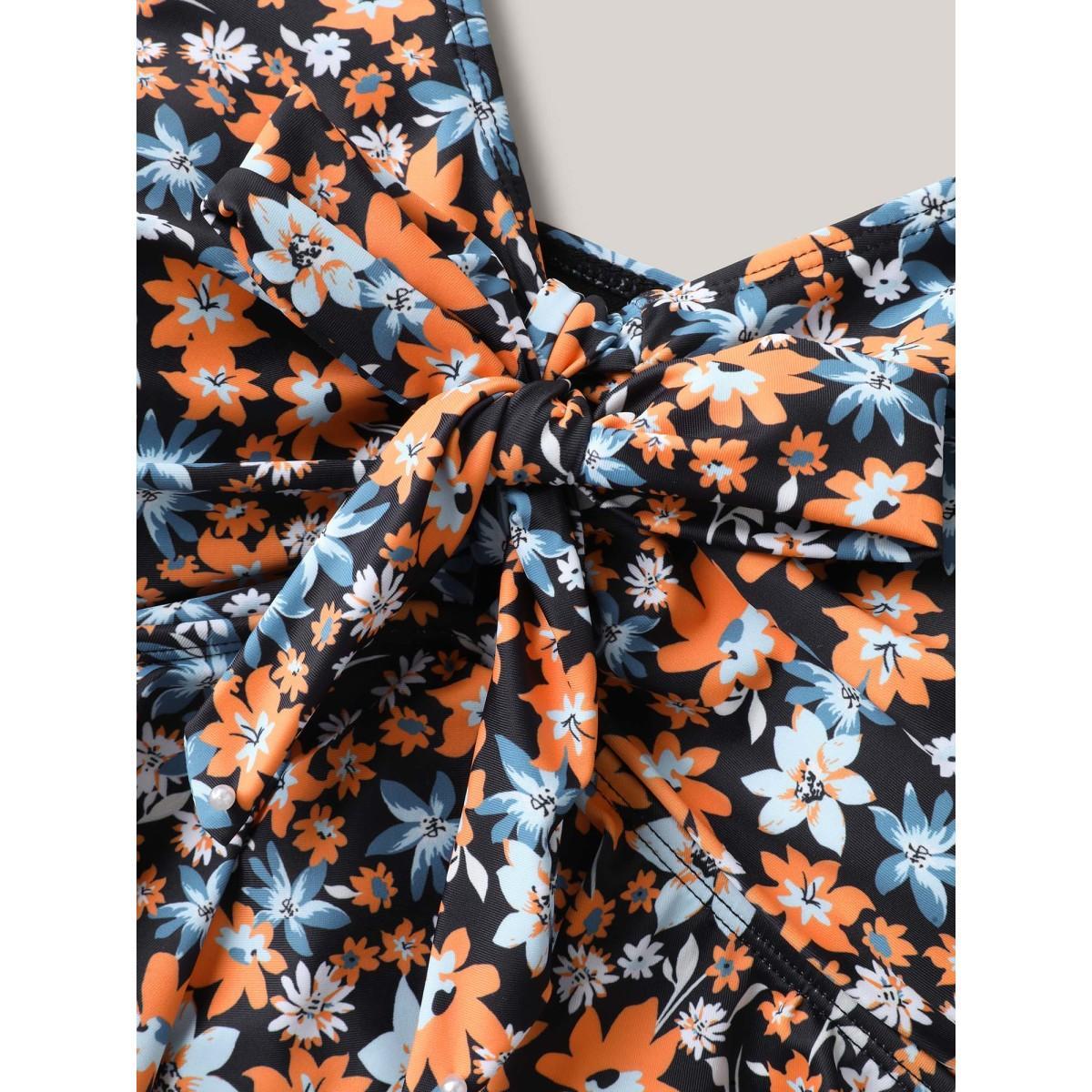 Plus Size Floral Print Ruched Bow Tie One-Piece Swimsuit Women's Swimwear Black Beach Tie knot Curve Bathing Suits High stretch One Pieces BloomChic 26/4X Product Image