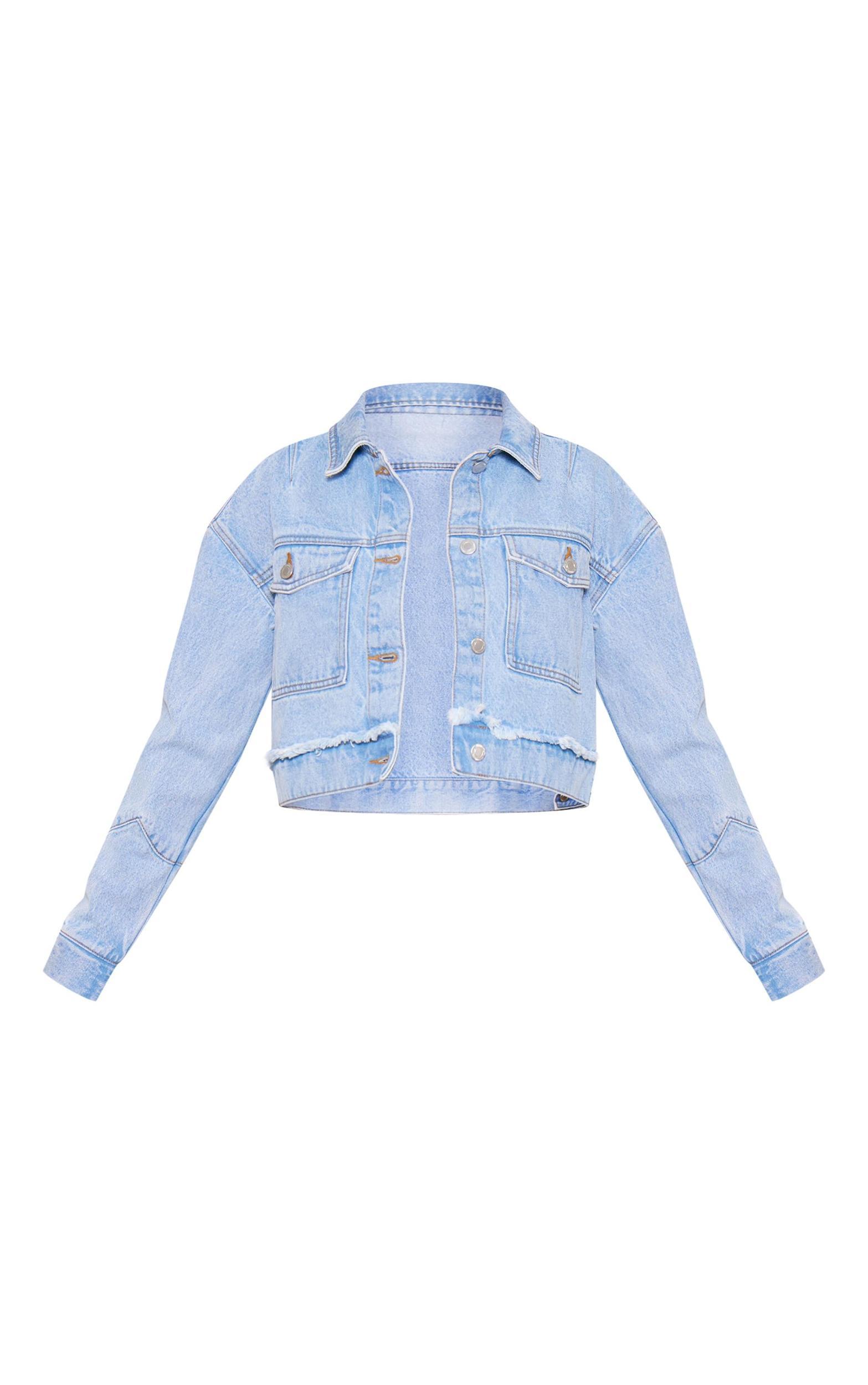 Light Blue Wash Distressed Flower Detail Denim Jacket Product Image