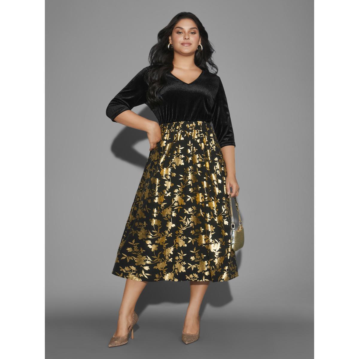 Plus Size Glitter Floral Patchwork Velvet Midi Dress Black Women Cocktail Texture Party Curvy Bloomchic 26/4X Product Image