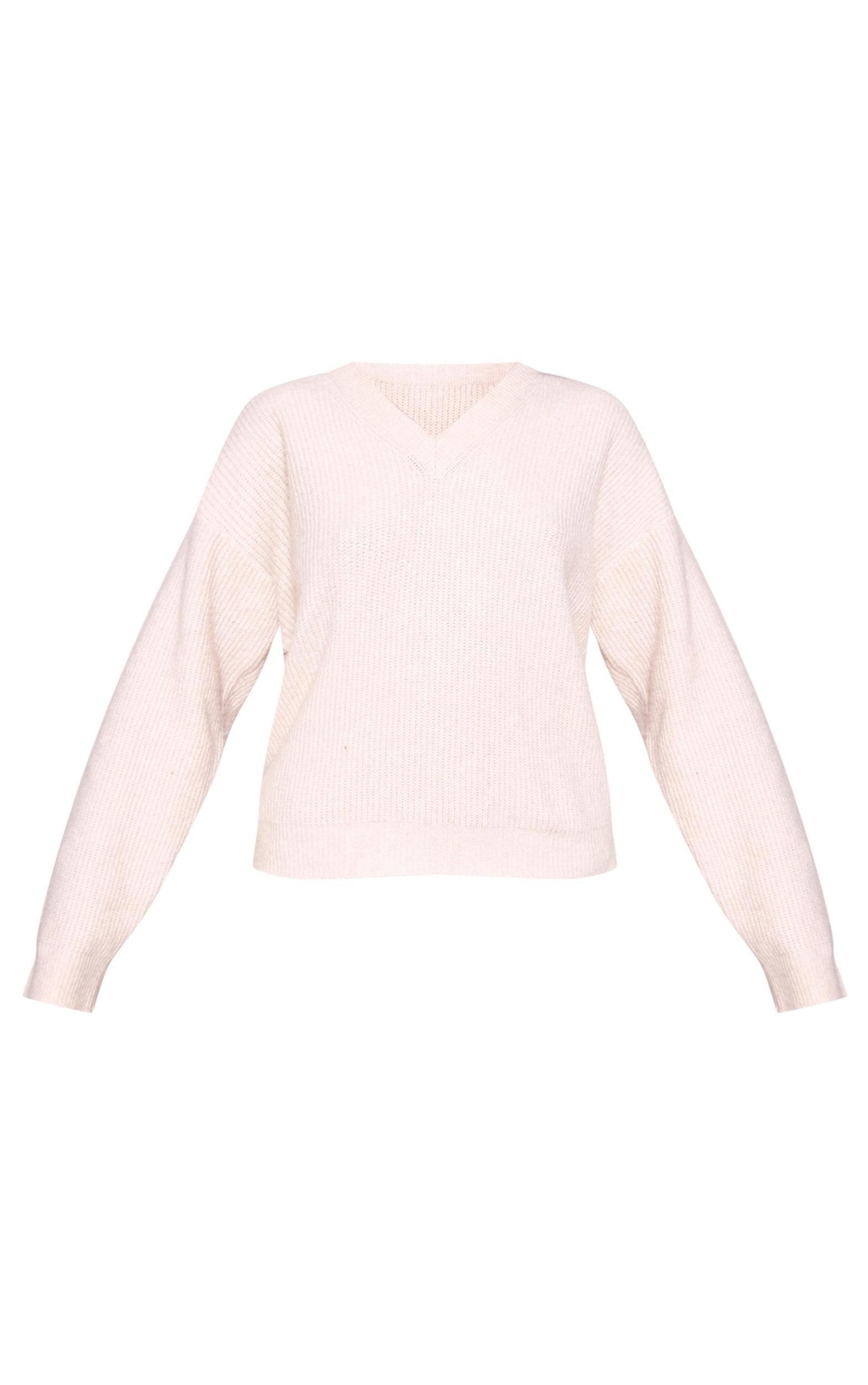 Oatmeal Soft Knit V Neck Oversized Sweater Product Image