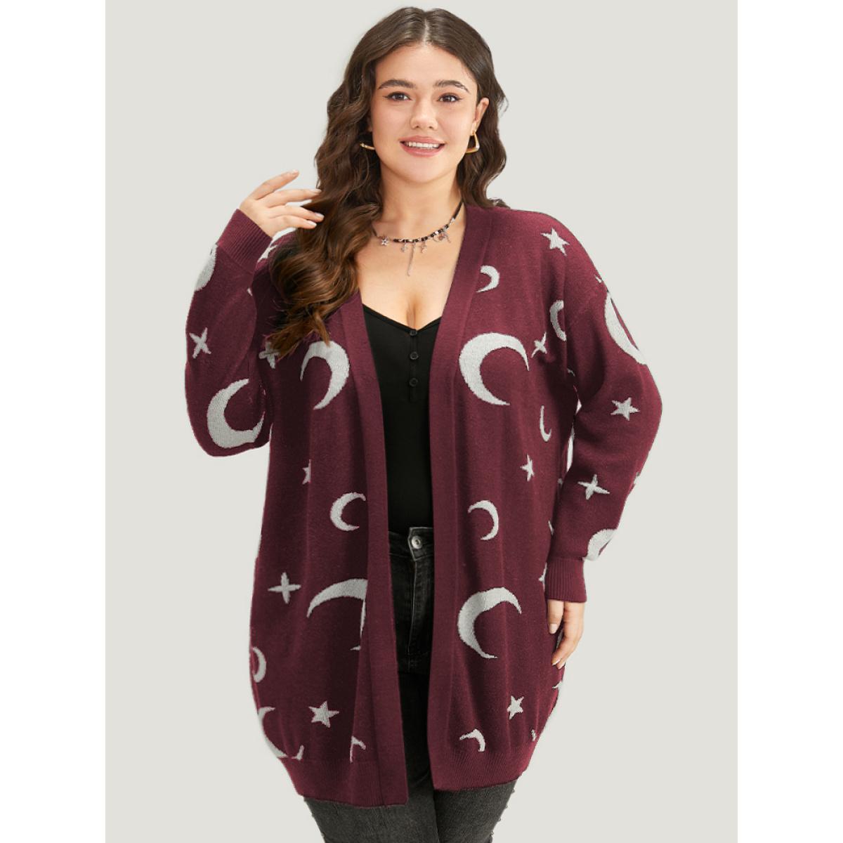 Plus Size Moon Print Open Front Cardigan Burgundy Women Casual Long Sleeve Everyday Cardigans BloomChic 10/M Product Image
