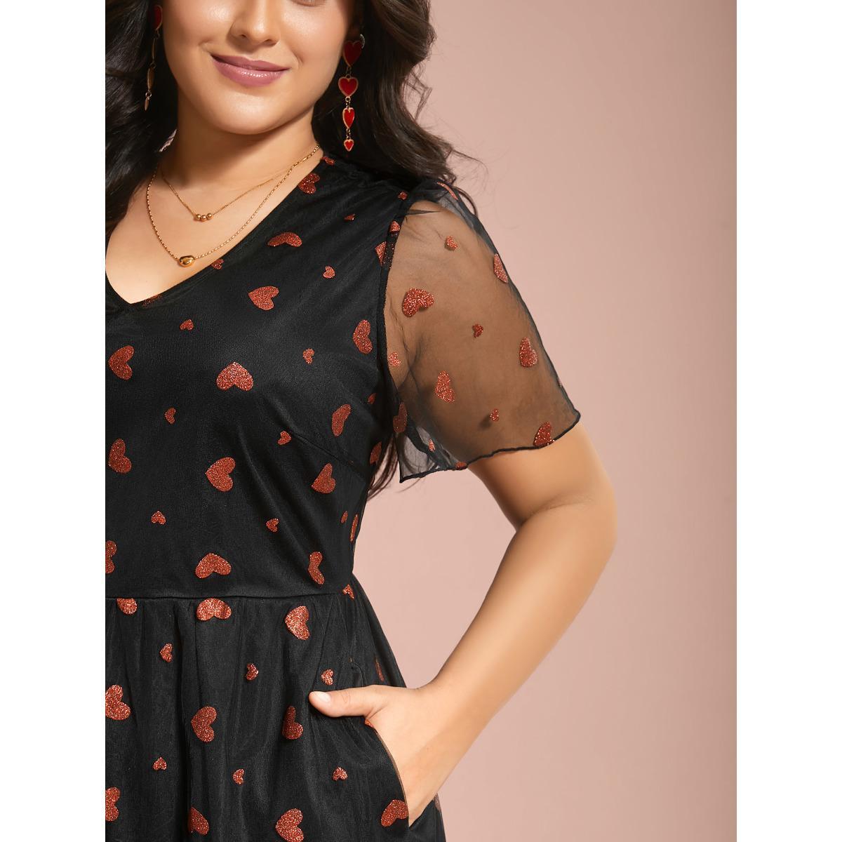 Plus Size V-Neck Flutter Sleeve Heart Pattern Midi Dress Black Women Cocktail Texture Party Curvy Bloomchic 14-16/1X Product Image