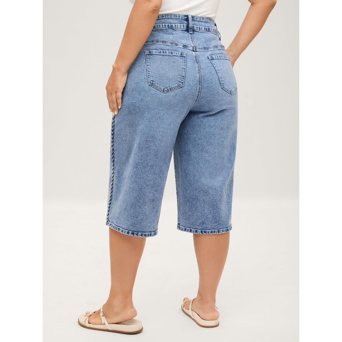 Plus Size Classic Cut Wide-Leg Crop Jeans Women Midblue High stretch Slanted pocket Jeans BloomChic 12/L Product Image