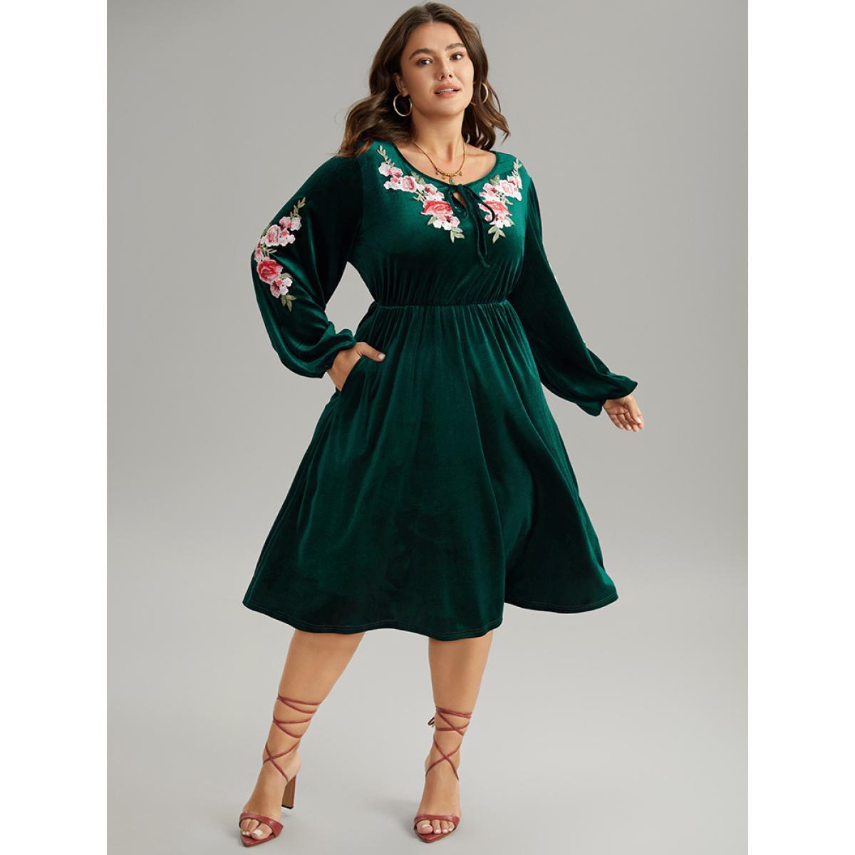 Plus Size Velvet Floral Ties Gathered Lantern Sleeve Dress DarkGreen Women Vacation Elastic cuffs Tie Neck Long Sleeve Curvy Midi Dress BloomChic 12/L Product Image