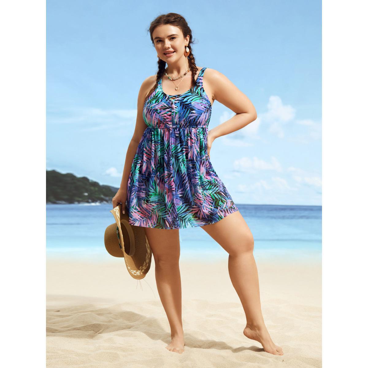 Plus Size Tropical Print Crisscross Split Hem Swim Dress Women's Swimwear Multicolor Beach Bodycon Heart neckline High stretch Curve Swim Dresses BloomChic 22-24/3X Product Image
