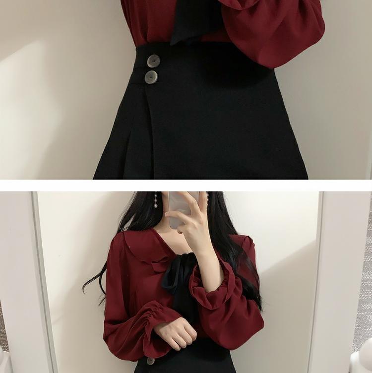 Long-Sleeve Ruffle Tie-Neck Blouse / A-Line Mini Skirt Product Image