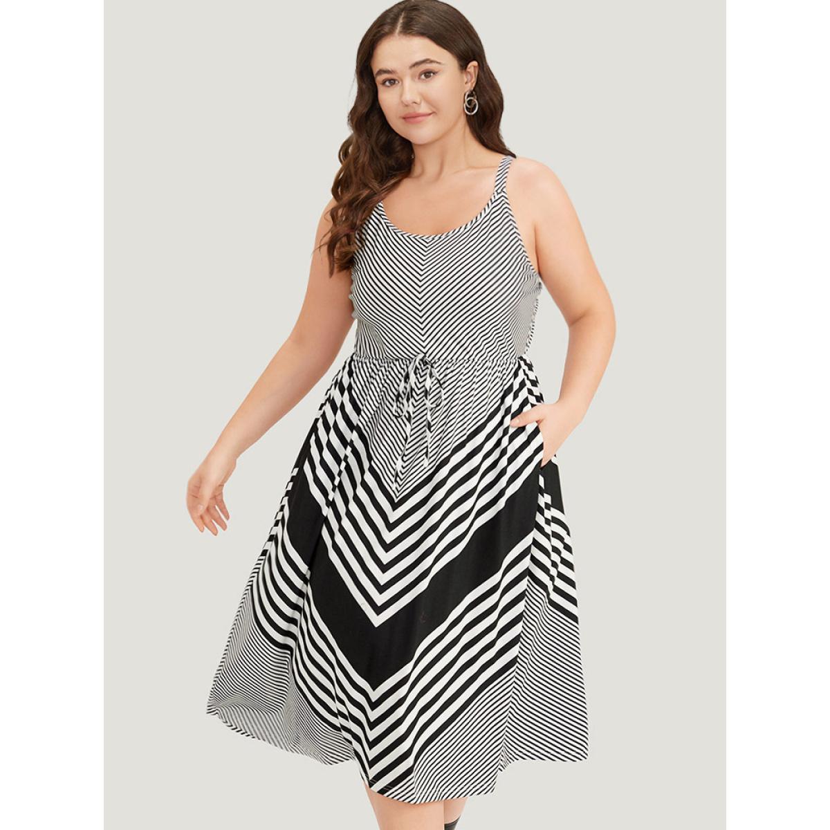 Plus Size Striped Patchwork Pocket Ties Flutter Hem Cami Dress Black Women Casual Adjustable Straps Spaghetti Strap Sleeveless Curvy Midi Dress BloomChic 12/L Product Image