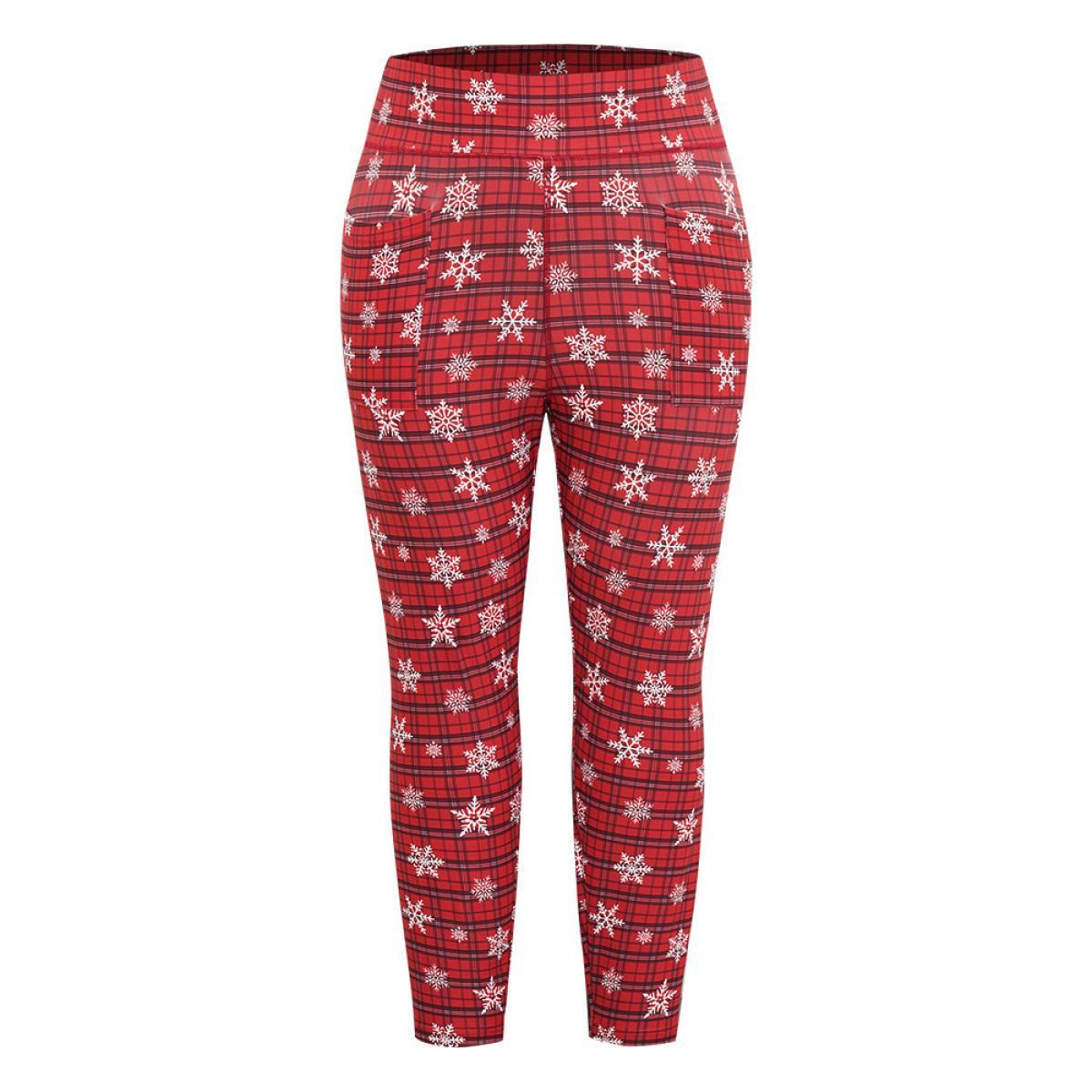Plus Size Plaid & Snow Print Pocket Skinny Ankle Leggings Women Scarlet Casual Medium stretch Skinny High Rise Festival-Christmas Leggings BloomChic 26/4X Product Image
