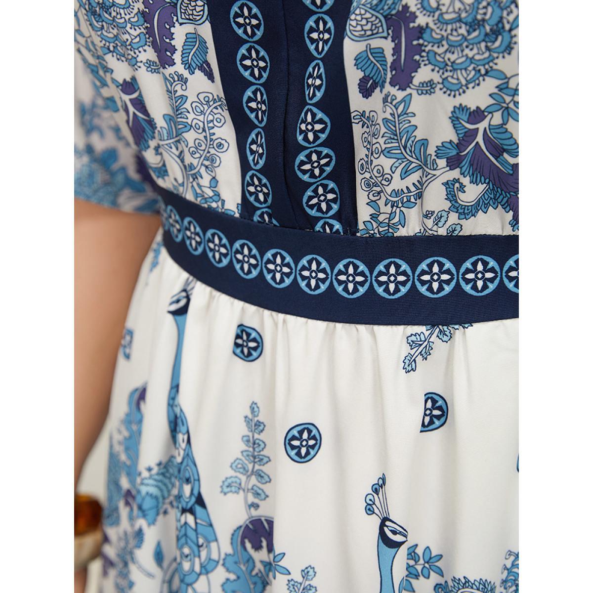 Plus Size Bandana Print Ruffles Pocket Batwing Sleeve Dress Indigo Women Vacation Lined V-neck Half Sleeve Curvy Midi Dress BloomChic 22-24/3X Product Image