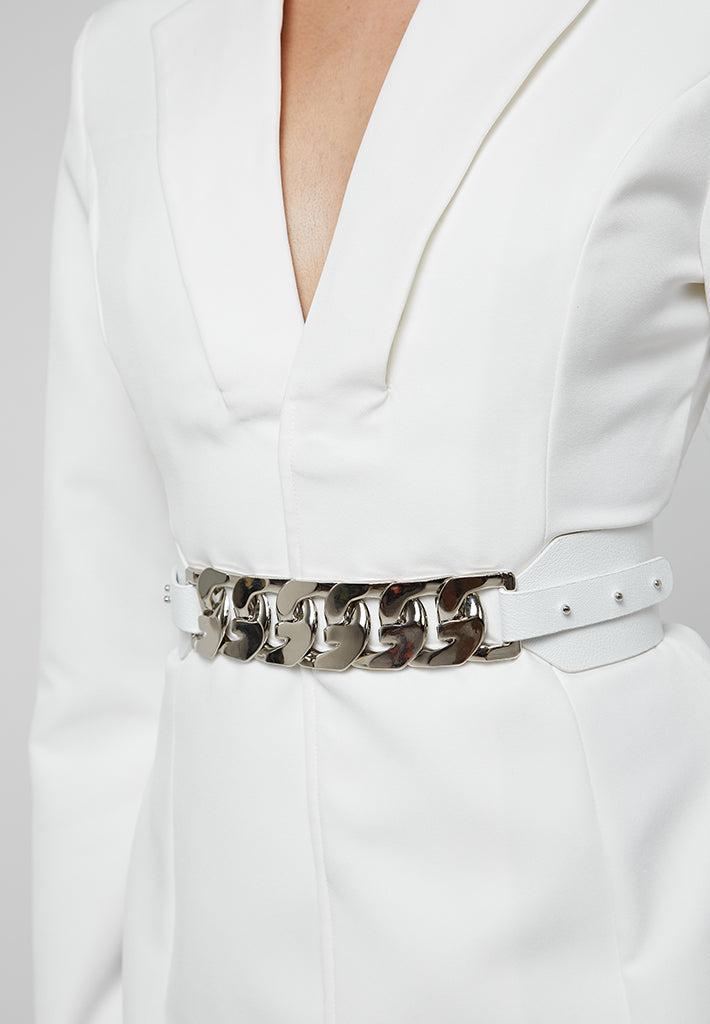 Chain Belted Blazer Dress - White Female Product Image