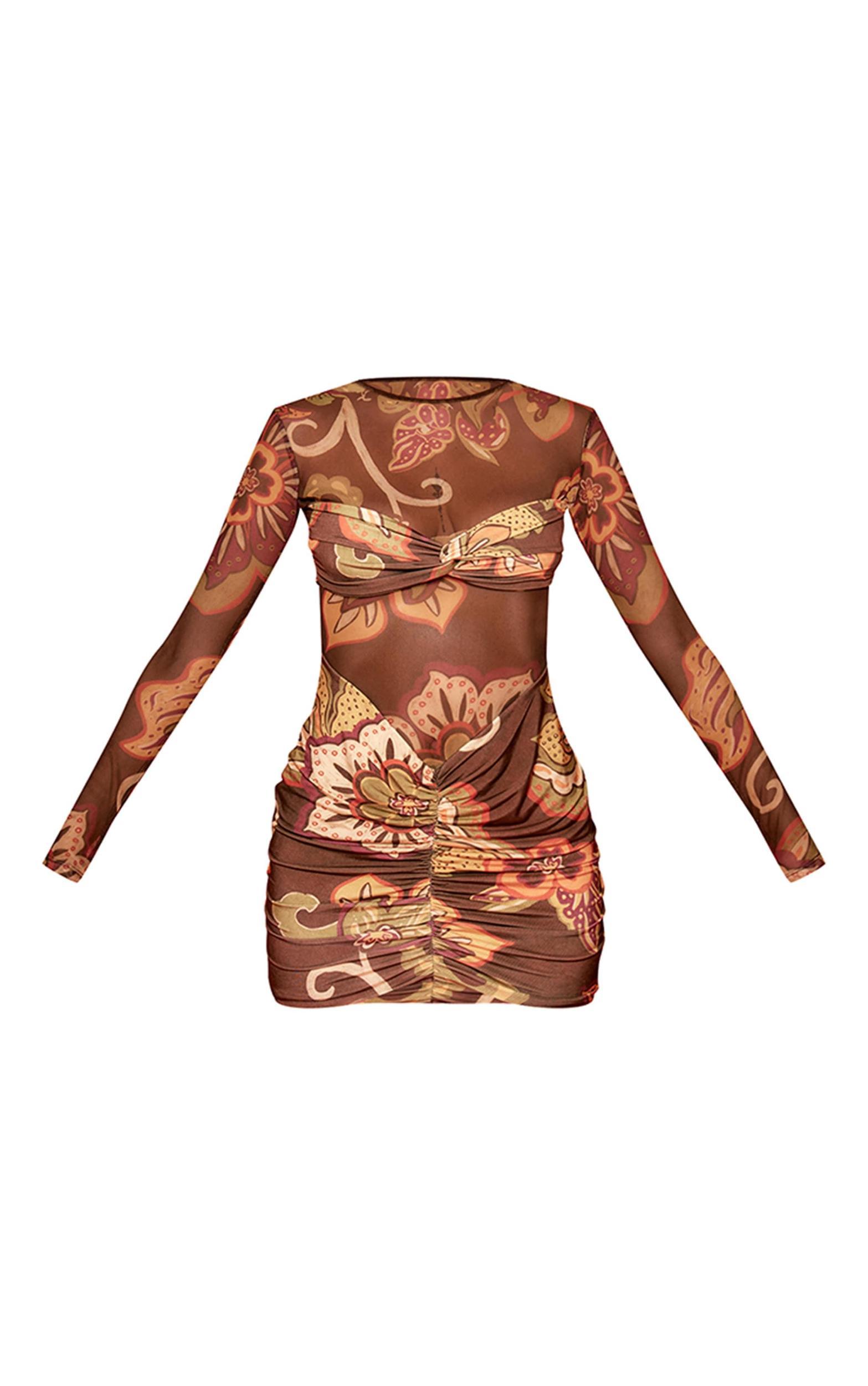 Multi Printed Double Layer Mesh Ruched Detail Bodycon Dress Product Image
