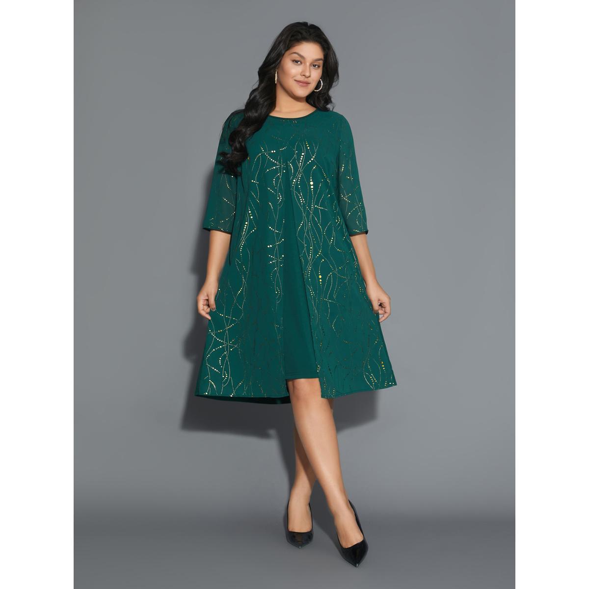 Plus Size Glitter 2-In-1 Layered Dress DarkGreen Women Cocktail Overlapping Party Curvy Bloomchic 10/M Product Image