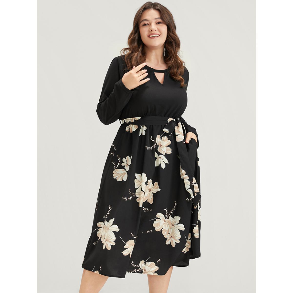 Plus Size Floral Print Keyhole Round Neck Pocket Belted Dress Multicolor Women Elegant Belted Round Neck Long Sleeve Curvy Midi Dress BloomChic 26/4X Product Image