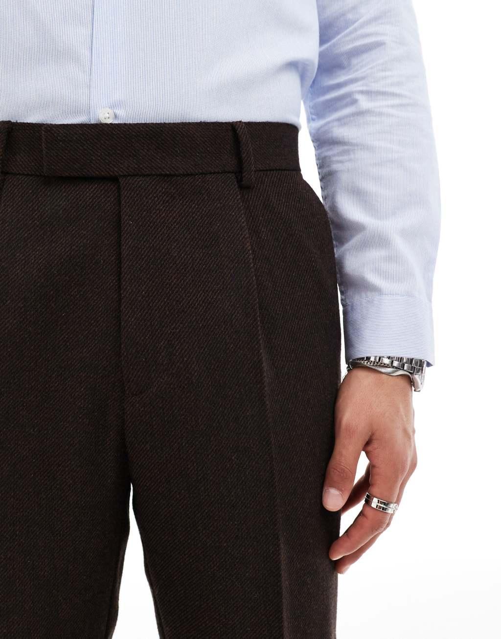 ASOS DESIGN tapered wool blend suit pants in brown twill Product Image