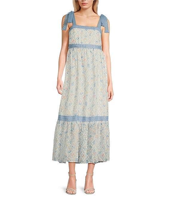 Blu Pepper Floral Print Tie Shoulder Square Neck Midi Dress Product Image