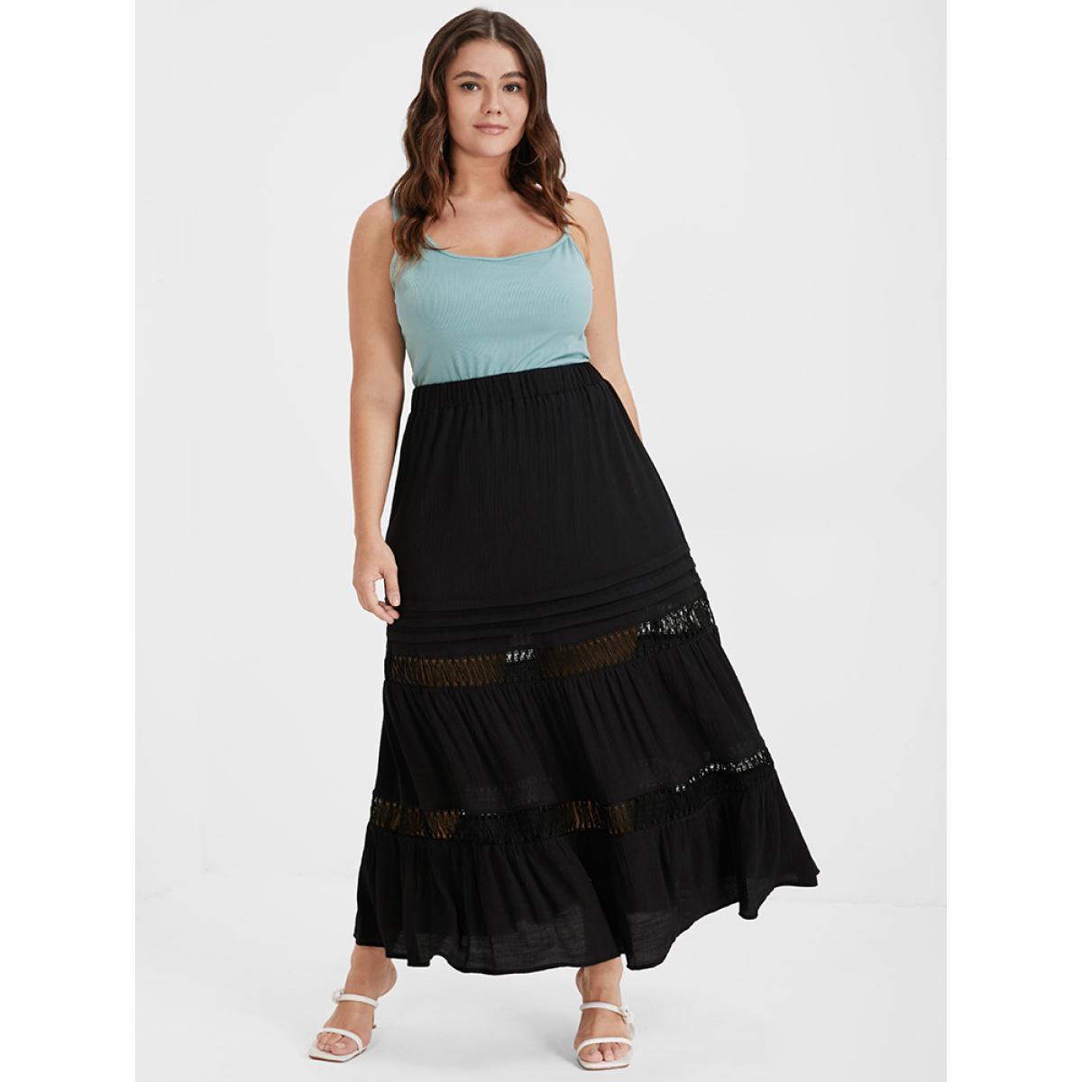 Plus Size Eyelet Lace Patchwork Elastic Waist Skirt Women Black Elegant Patchwork Loose No stretch Dailywear Skirts BloomChic 22-24/3X Product Image
