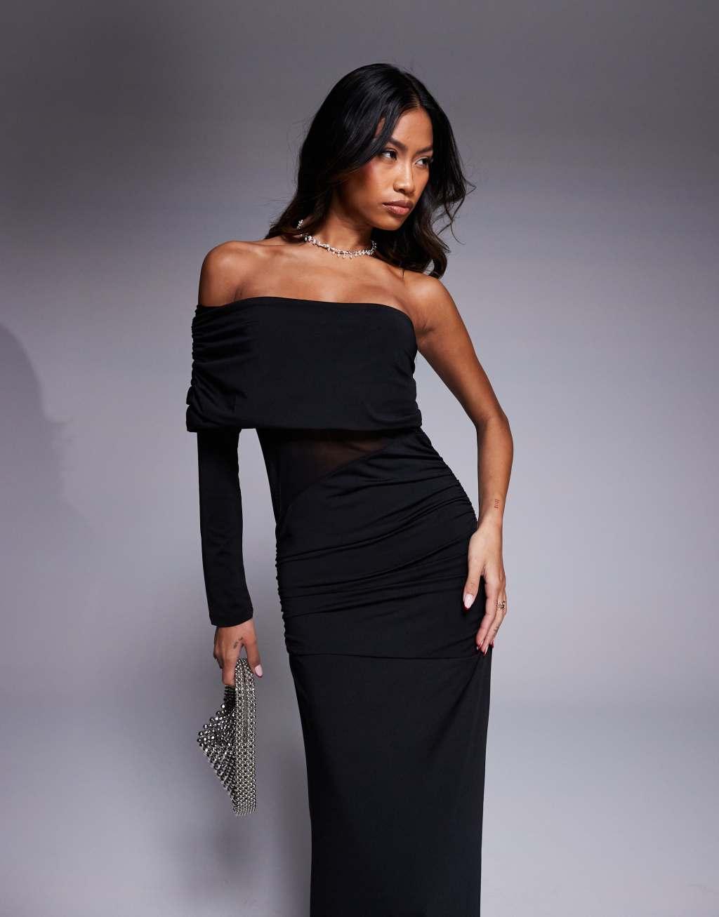 ASOS DESIGN asymmetric one shoulder maxi dress with mesh cut out in black Product Image