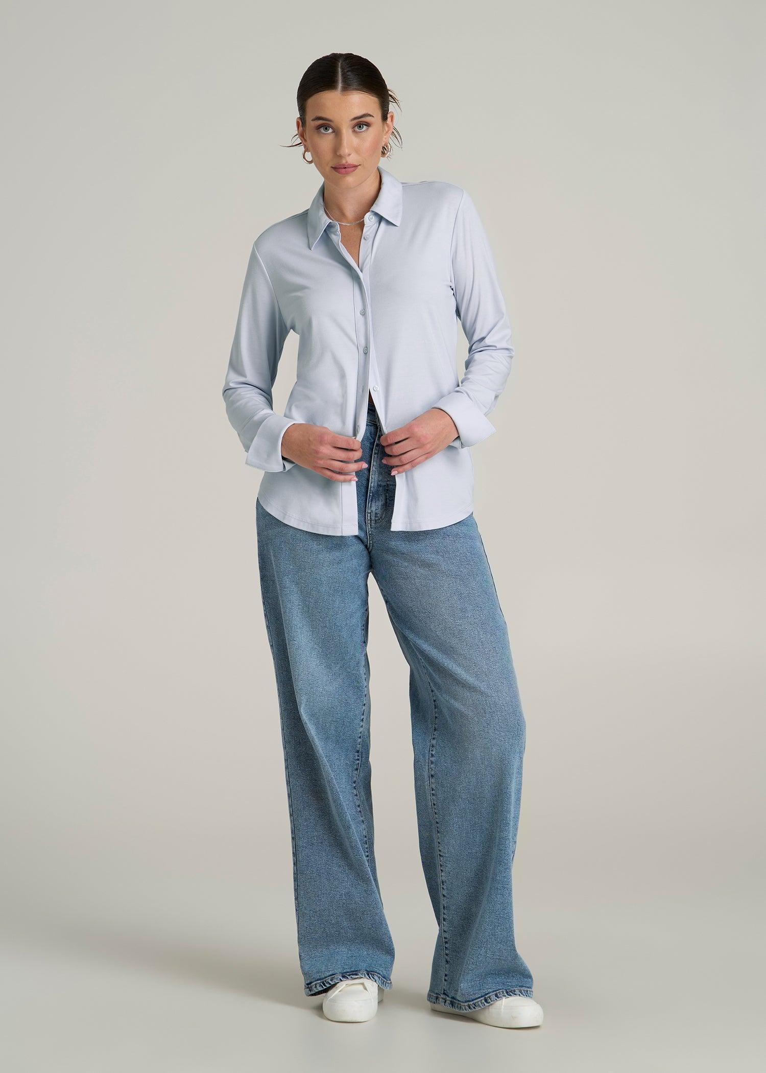 Slub Knit Button Up Women's Tall Shirt in Light Blue Product Image