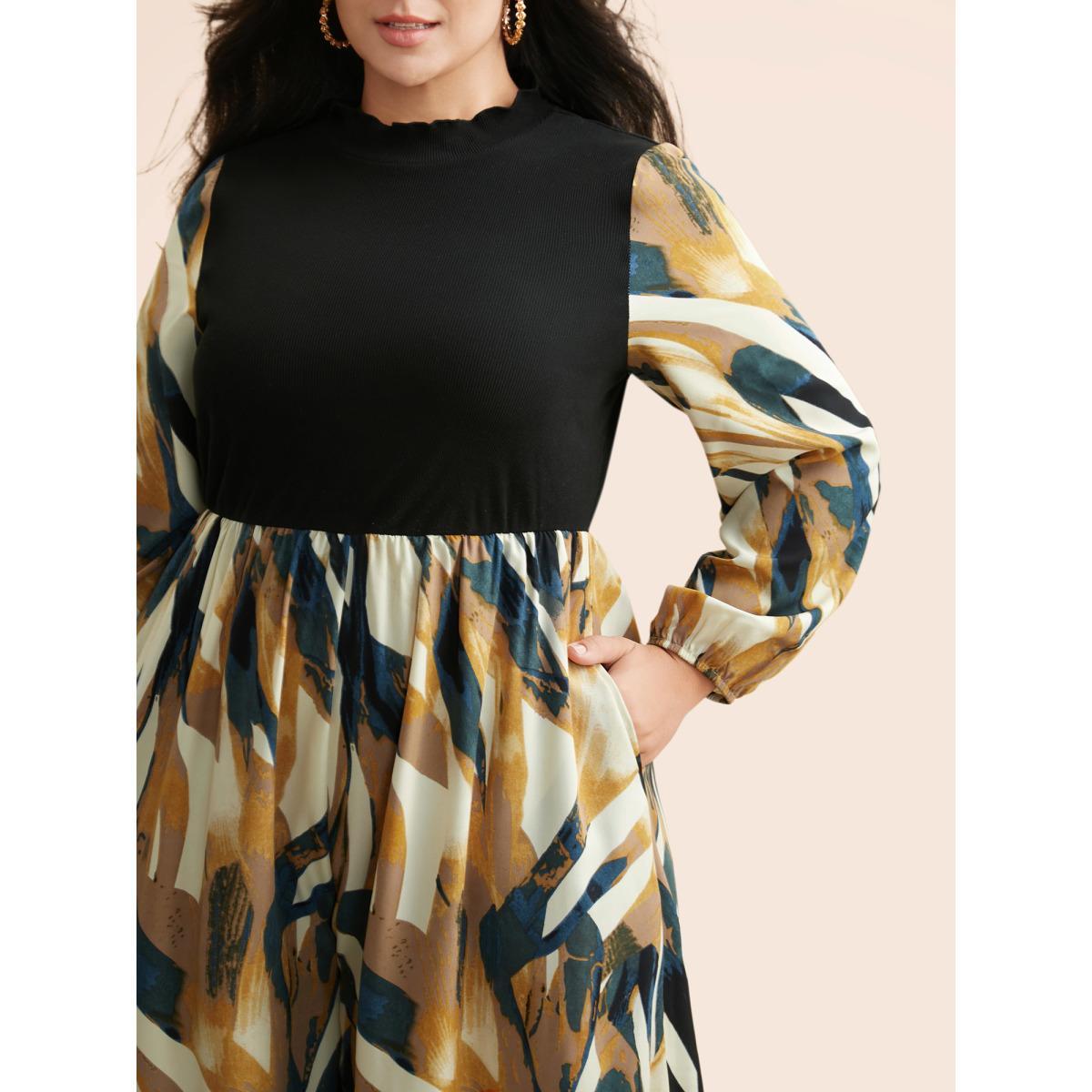 Plus Size Black Mock Neck Brush Print Patchwork Jumpsuit Women Resort Long Sleeve Mock Neck Vacation Loose Jumpsuits BloomChic 28/5X Product Image