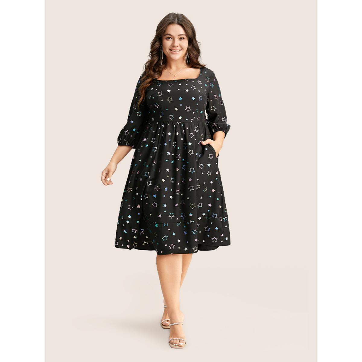 Plus Size Heart Glitter Square Neck Lantern Sleeve Dress Black Women Cocktail Elastic cuffs Square Neck Half Sleeve Curvy Midi Dress BloomChic 26/4X Product Image