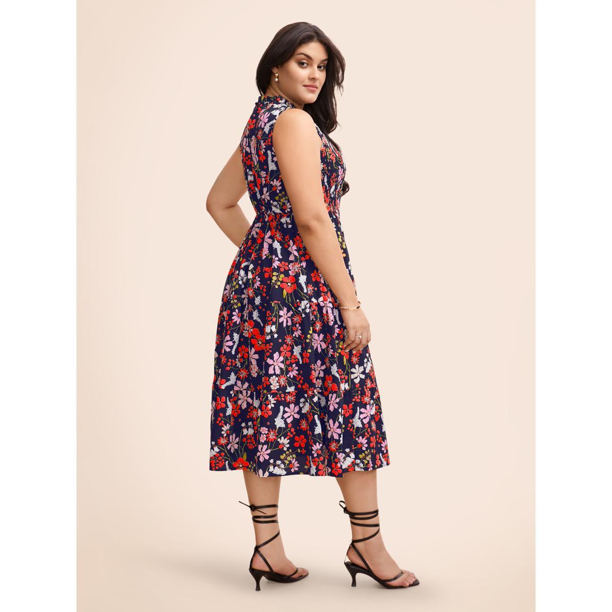 Plus Size Floral Shirred Mock Neck Cut Out Pocket Ruffle Hem Dress DarkBlue Women Elegant Frill Trim Mock Neck Sleeveless Curvy Midi Dress BloomChic 30/6X Product Image