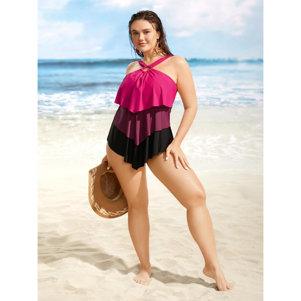 Plus Size Contrast Cut Out Tiered Hem One Piece Swimsuit Women's Swimwear Rosered Beach Contrast Curve Bathing Suits High stretch One Pieces BloomChic 26/4X Product Image