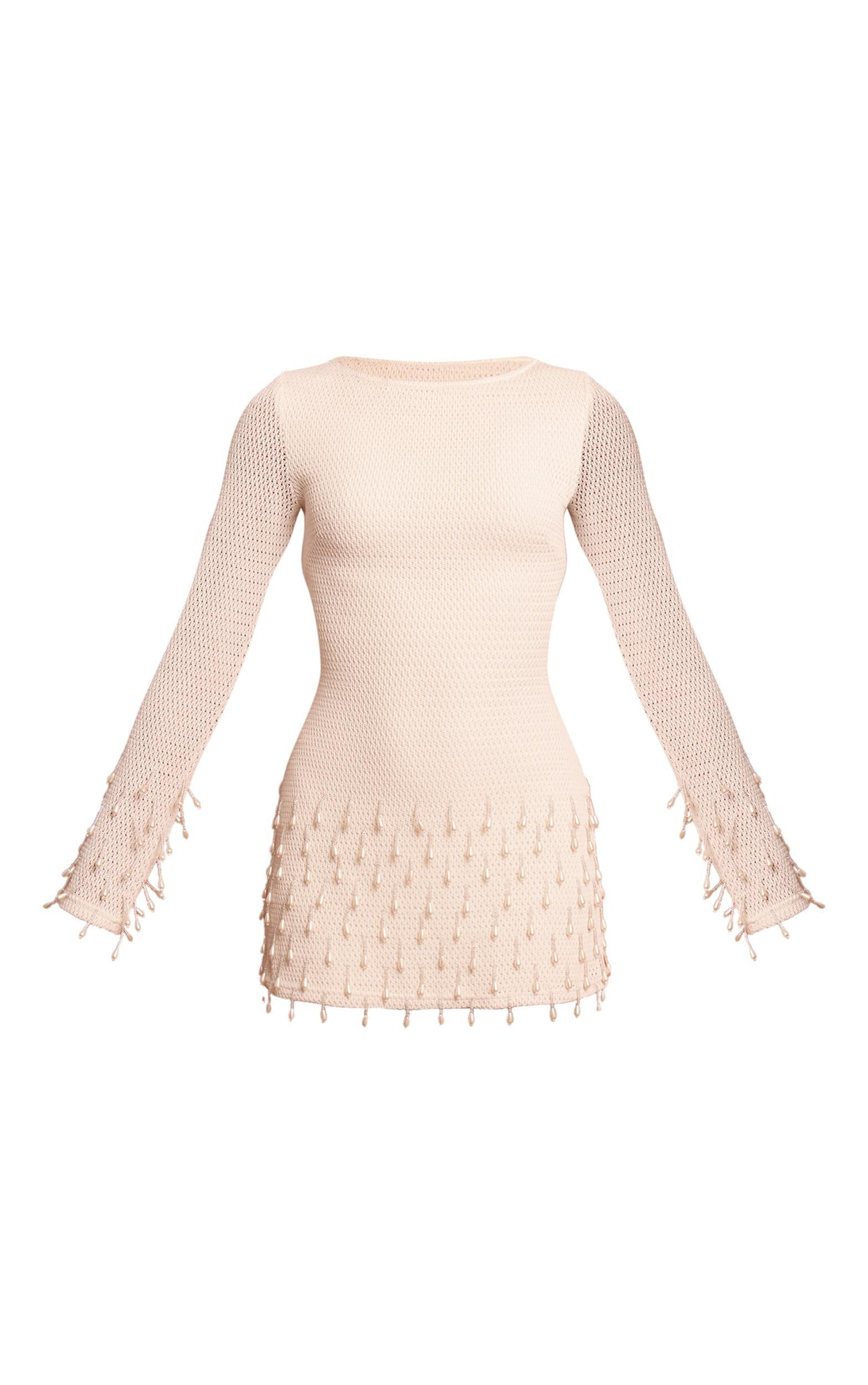 Natural Textured Long Sleeve Pearl Detail Mini Dress Product Image