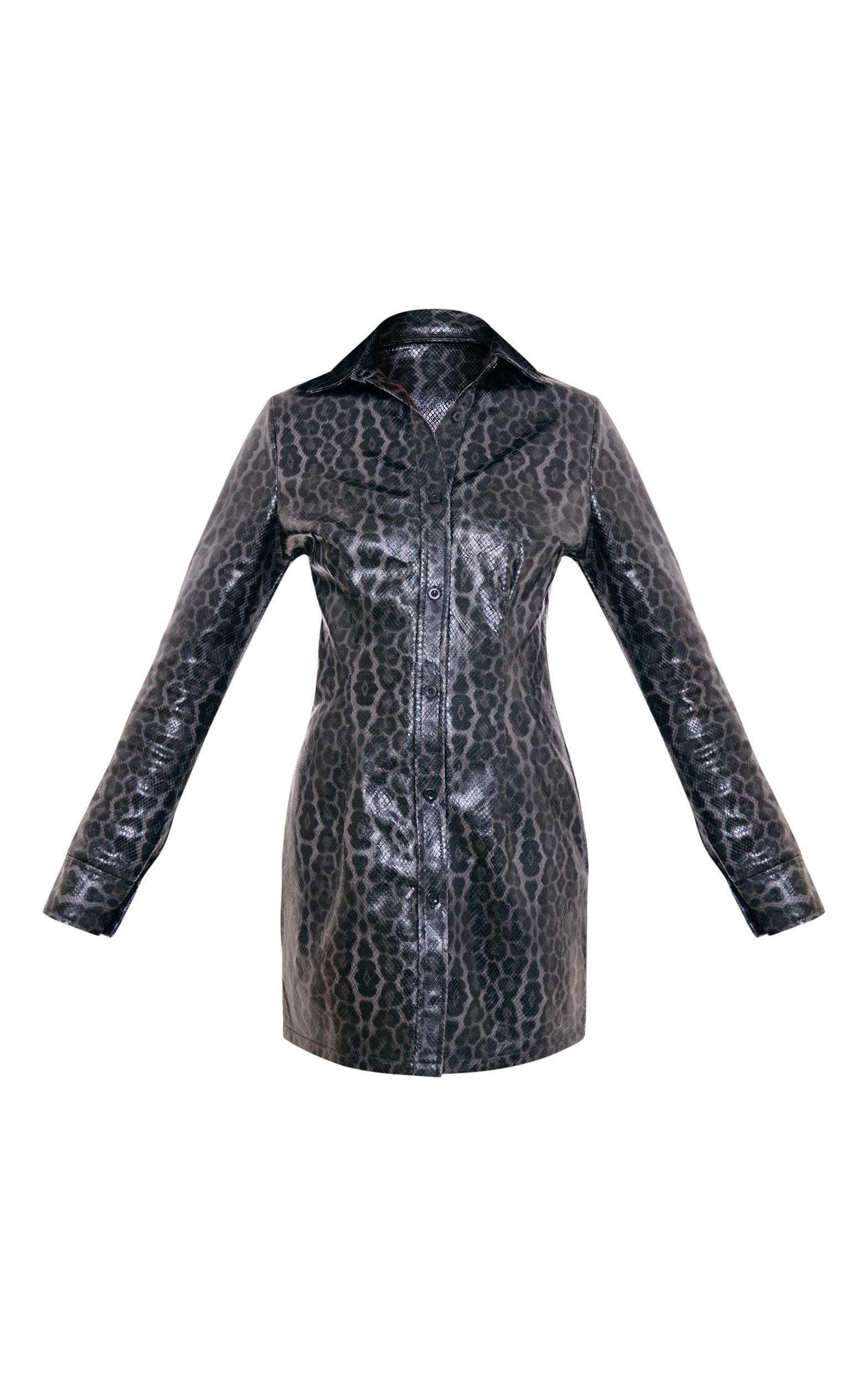  Black Faux Leather Snake Print Button Up Mini Dress Product Image