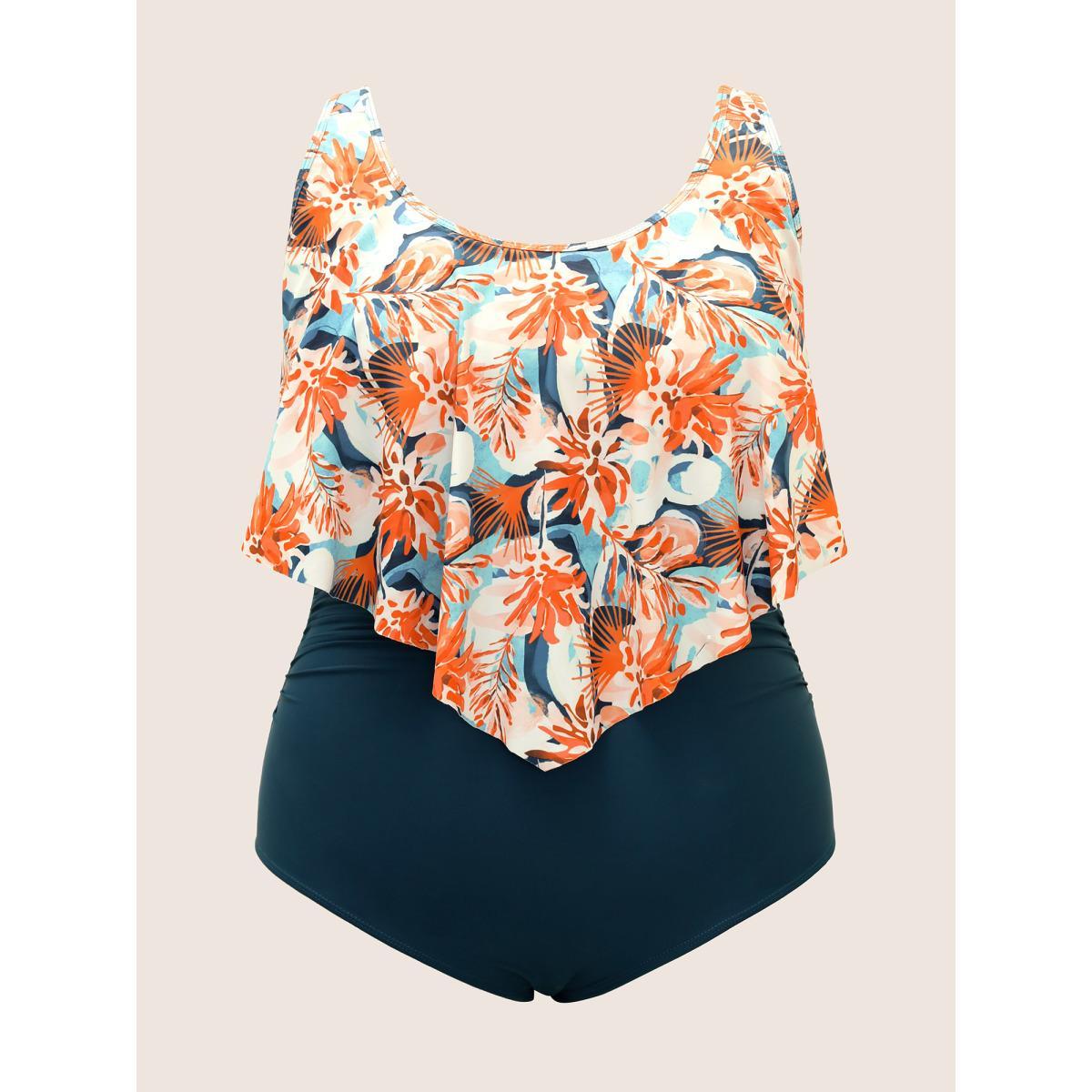 Plus Size Floral Print Tiered Ruffles One Piece Swimsuit Women's Swimwear Cyan Beach Gathered Curve Bathing Suits High stretch One Pieces BloomChic 28/5X Product Image