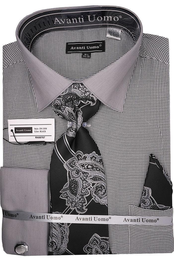 Black French Cuff Mini-Houndstooth Dress Shirt Set with Tie and Handkerchief Product Image