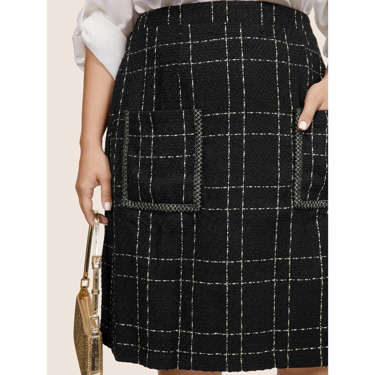 Plus Size Plaid Patched Pocket Stitch Skirt Women Black Glamour Stitch No stretch Pocket Going out Skirts BloomChic 26/4X Product Image