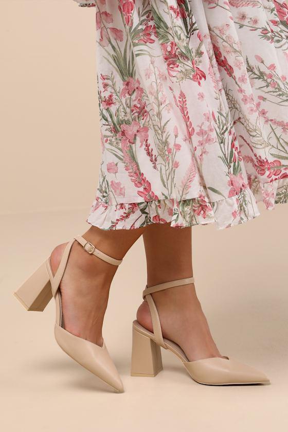 Alodie Beige Pointed-Toe Ankle Strap Pumps Product Image