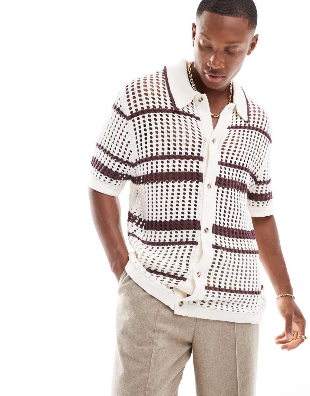 Cotton On pablo short sleeve knitted shirt in cream stripe Product Image