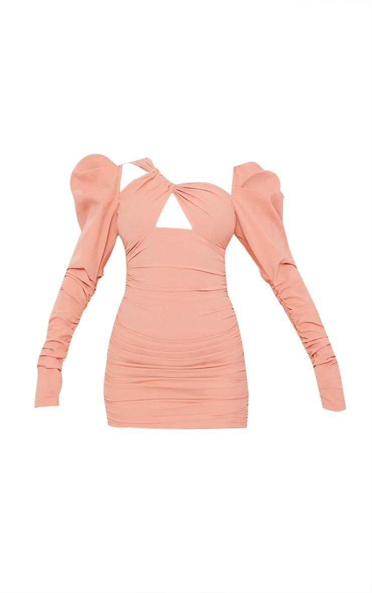 Peach Textured Asymmetric Strap Puff Ruched Sleeve Bodycon Dress Product Image