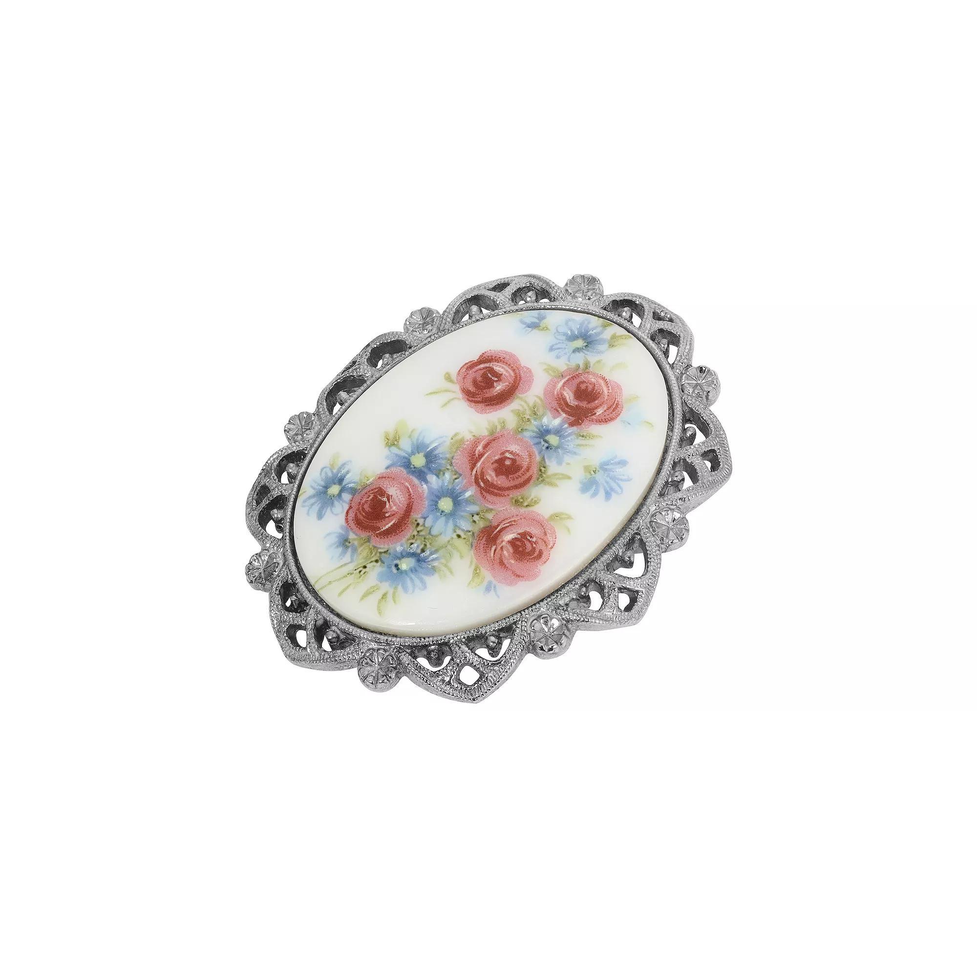 1928 Silver Tone Crystal Oval Floral Stone Brooch, Womens, Pink Product Image