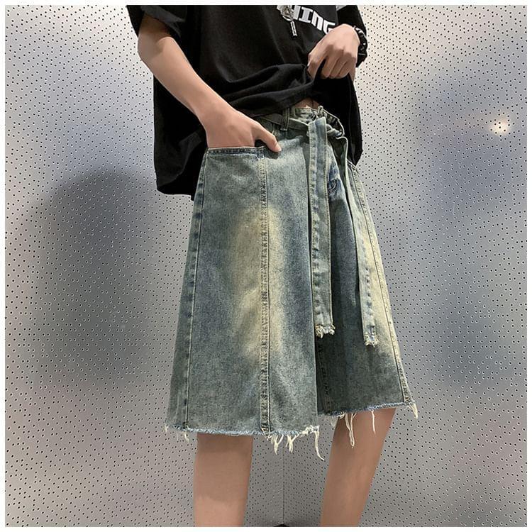 High Waist Frayed Denim Shorts Product Image