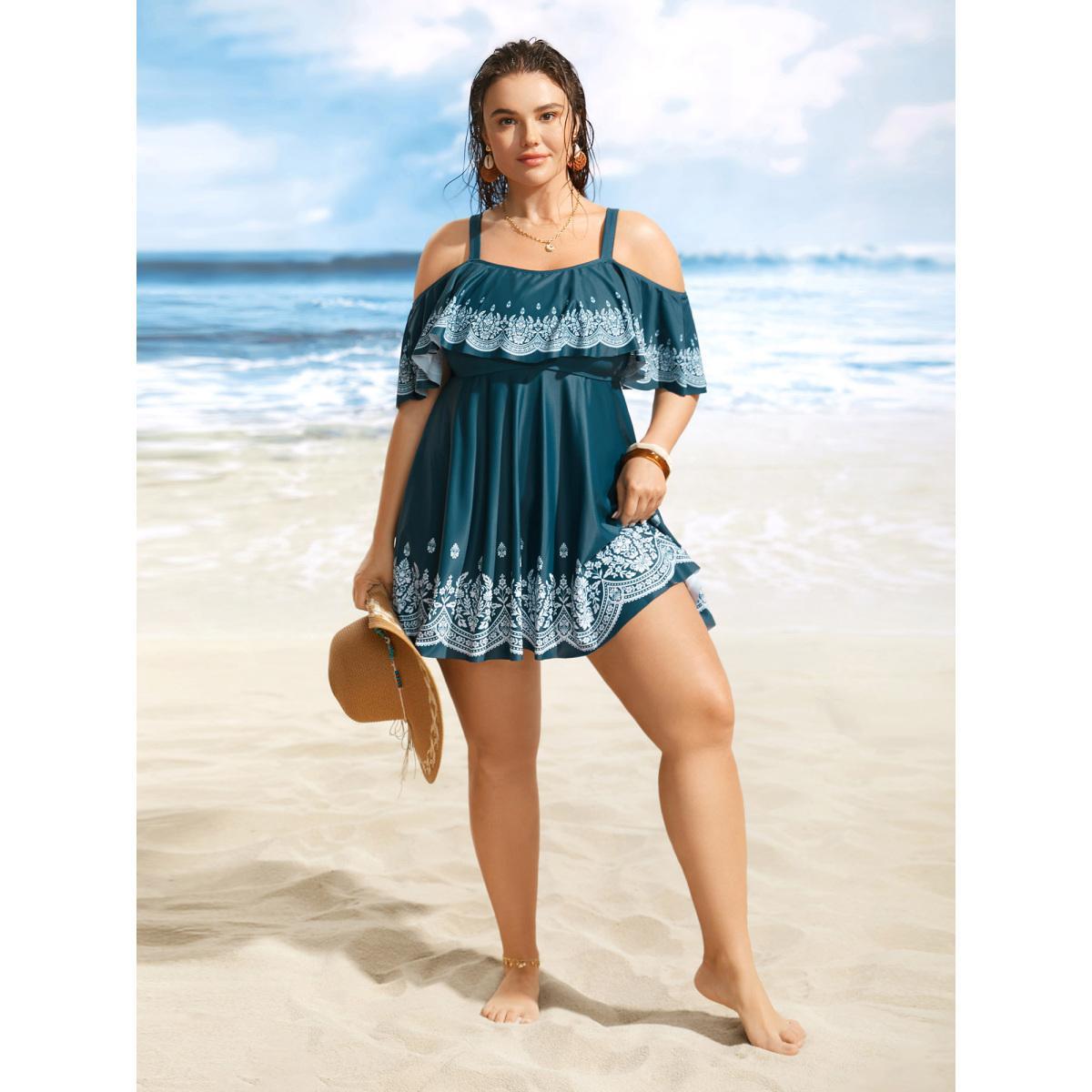 Plus Size Boho Print Off Shoulder Ruffle Trim Swim Dress Women's Swimwear Cyan Beach Bodycon One-shoulder neck High stretch Curve Swim Dresses BloomChic 30/6X Product Image