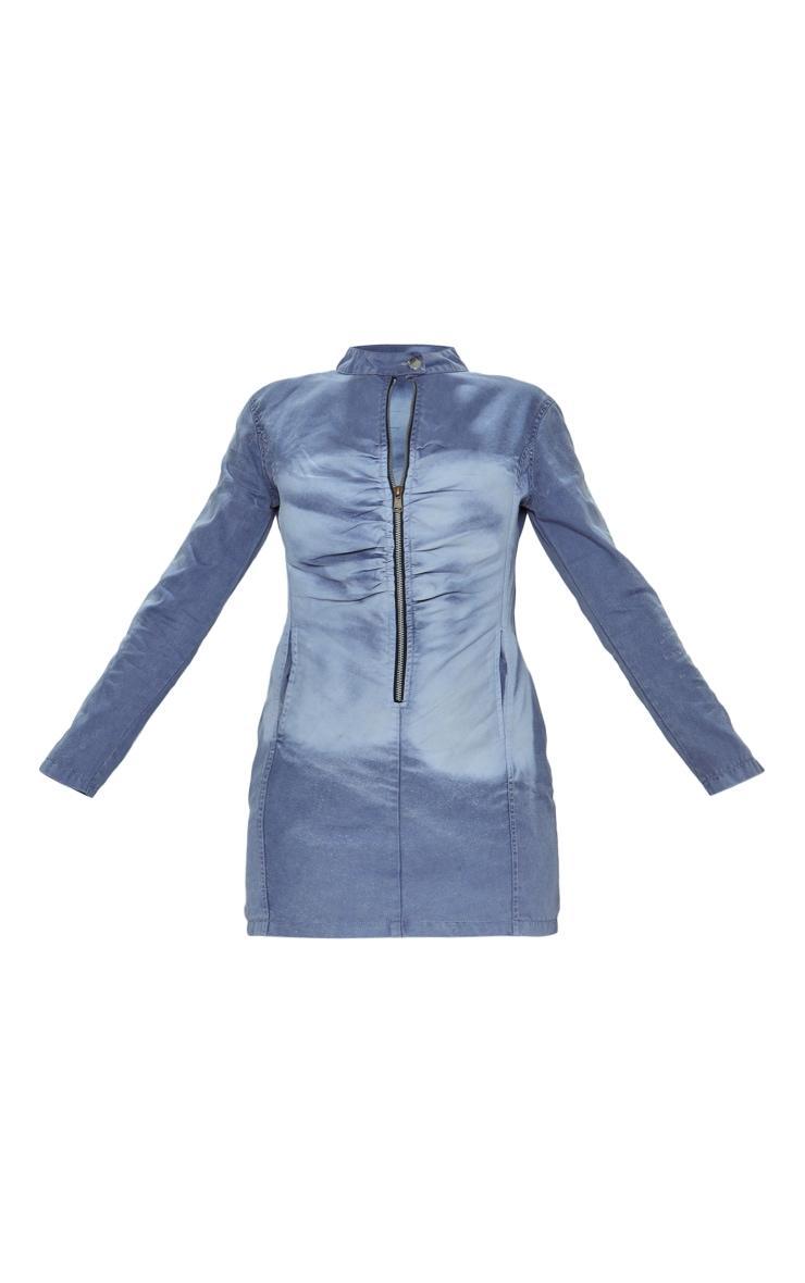 Blue Acid Wash Zip Up Long Bodycon Dress Product Image
