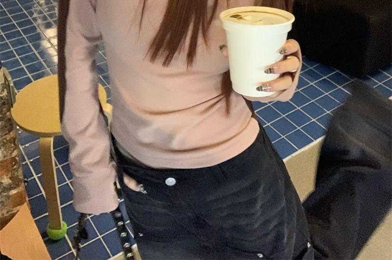 Long-Sleeve Mock Neck Two Tone Slim Fit T-Shirt Product Image