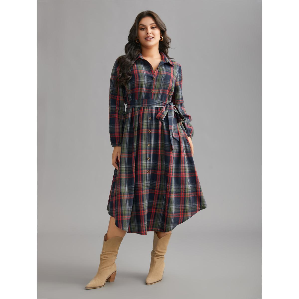 Plus Size Plaid Button Detail Pocket Belted Arc Hem Dress DarkBlue Women Casual Pocket Shirt collar Long Sleeve Curvy Midi Dress BloomChic 26/4X Product Image