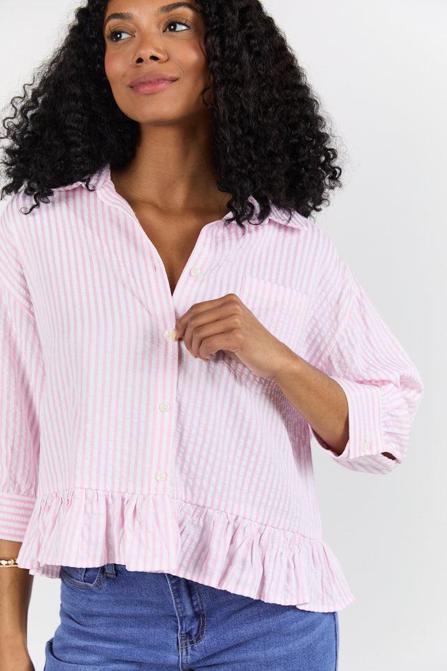 In Depth Pink Ruffle Hem Textured Stripe Button Down Top SALE Product Image