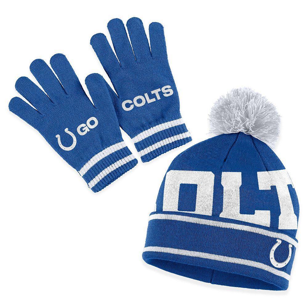 Women's WEAR by Erin Andrews Royal Indianapolis Colts Double Jacquard Cuffed Knit Hat with Pom and Gloves Set, Blue Product Image