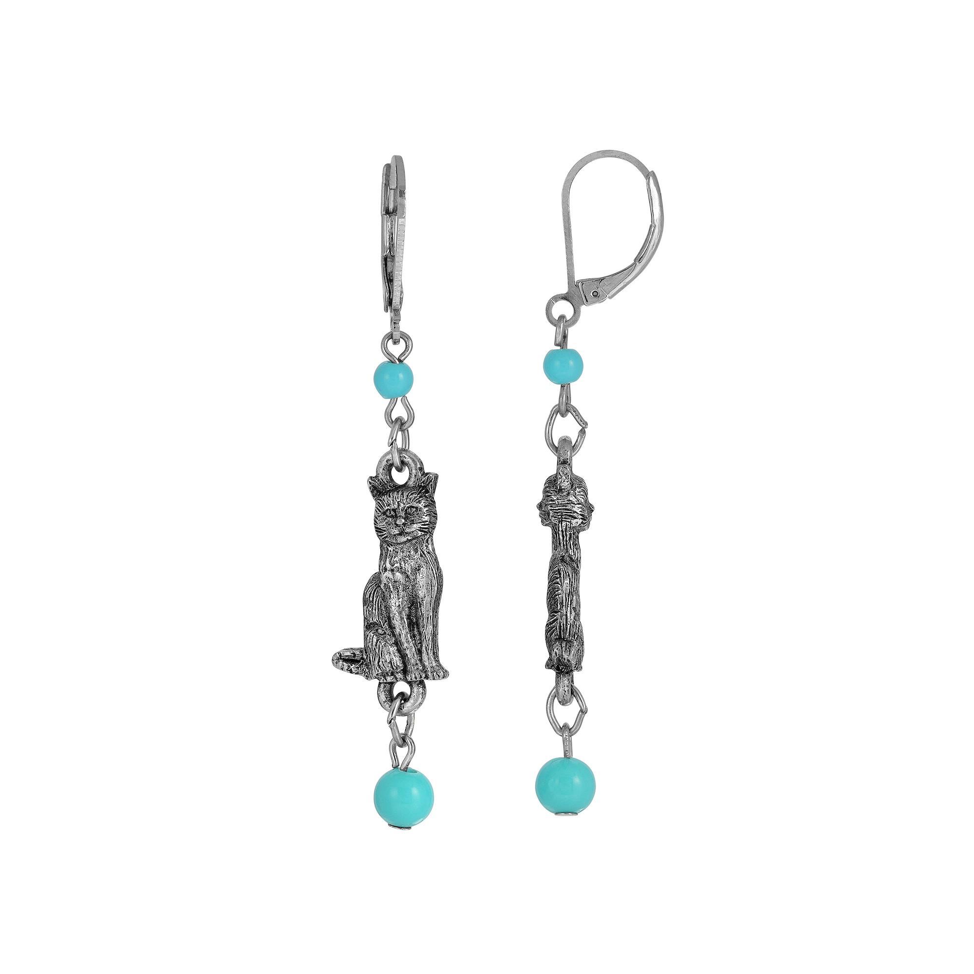 1928 Silver Tone Simulated Turquoise Bead Cat Drop Earrings, Womens, Blue Product Image